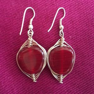 Silver and red glass bead earrings